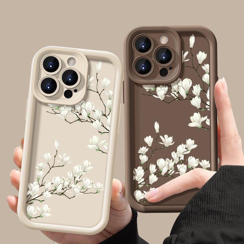 Pro iPhone 16 15 Pro Max 14 Plus 13 12 Pro 11 XS XR 8 7 Kryt Bílé květy Nárazuvzdorná měkká ochrana objektivu Pouzdro na telefon