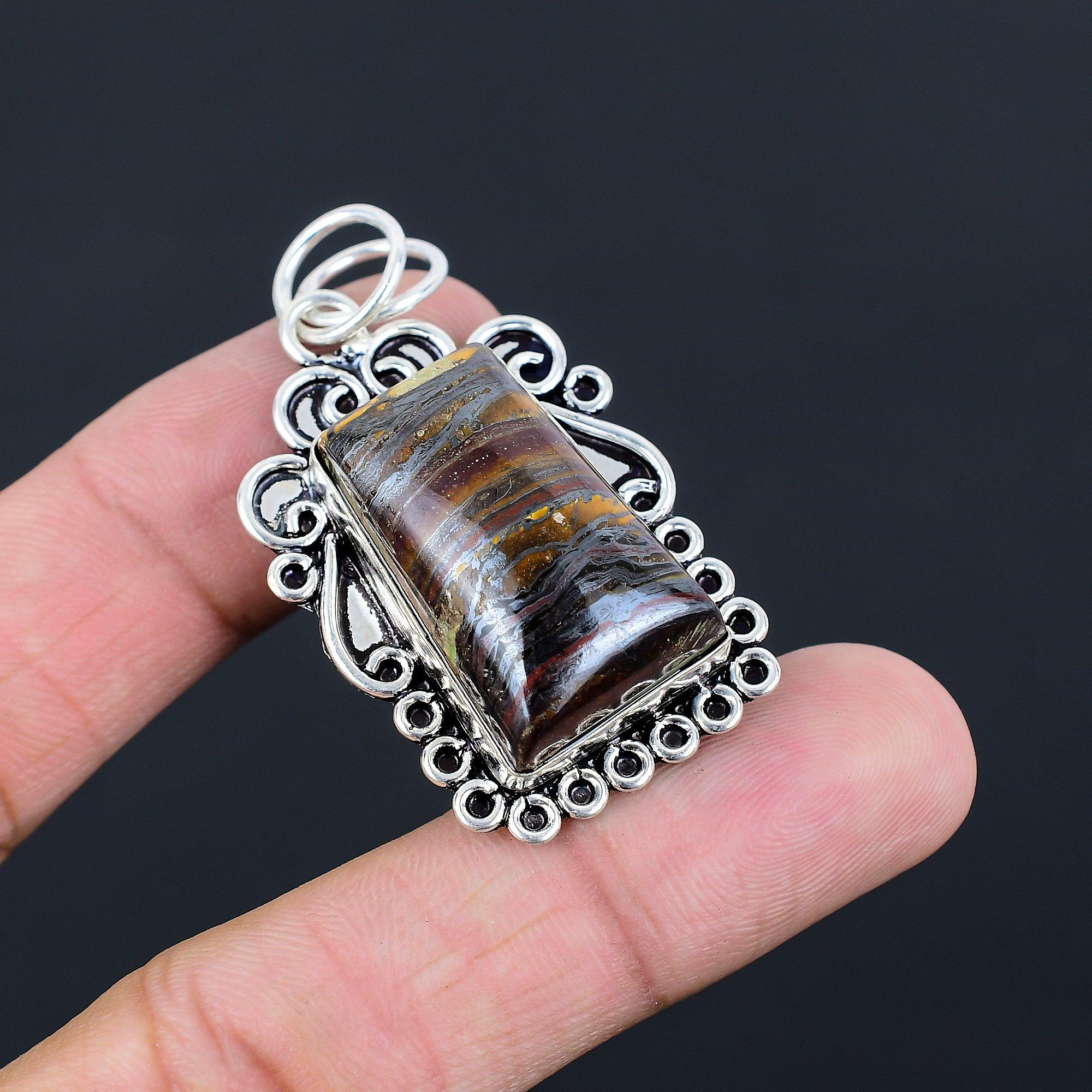 925 Silver Iron Tiger Eye Stone Daughter Bezel Engagement Unique Pendant Jewelry