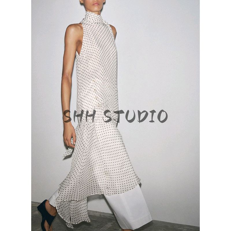 Spring and Summer New Women Clothes Bowknot Decoration Asymmetric Hem Polka Dot Hanging Collar Dress 5289042