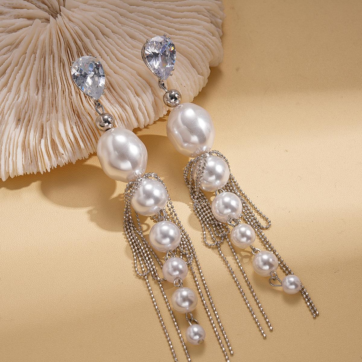 Zircon imitation pearl water drop tassel silver needle earrings stud earrings