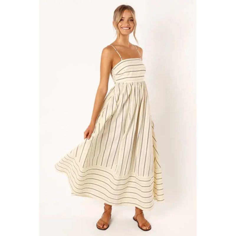 

Spring/Summer 2025 Stripe Sling Backless Big Hemline Dress Women Backless Dress Apricot L
