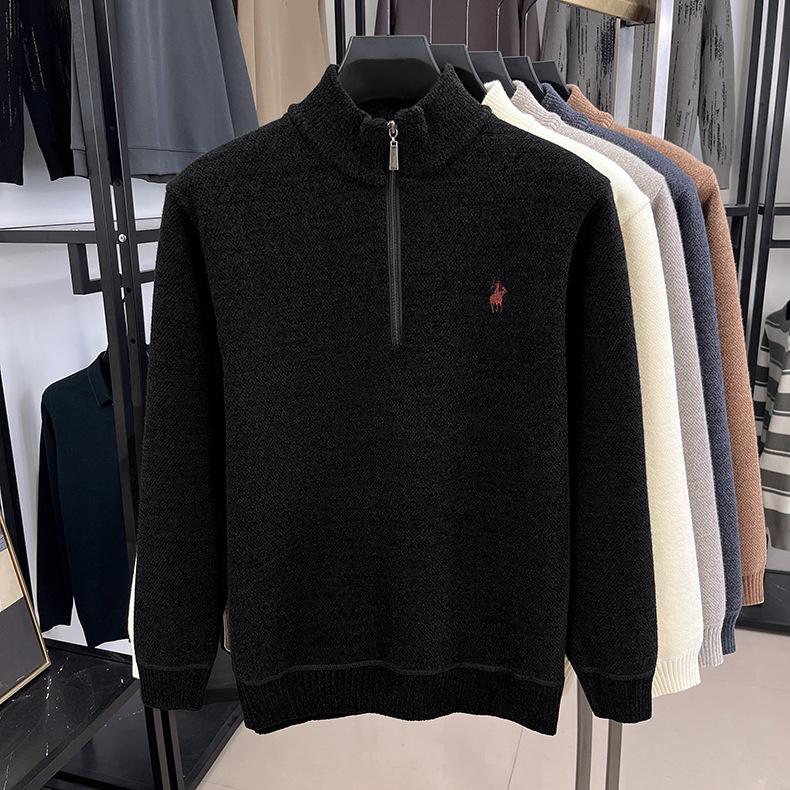 Men's Winter Embroidered Pony Logo Fleece Sweater - Semi-High Neck, Thick Knit