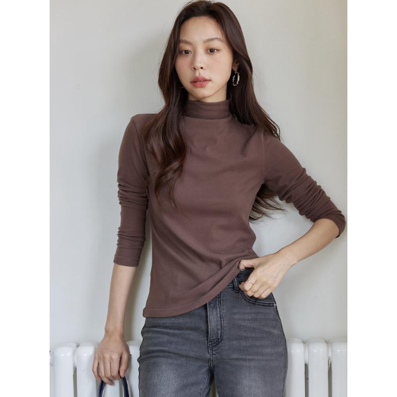 Autumn and Winter Women's Solid Color Semi-high Collar Double-sided Sanding Warm Base Shirt High Elastic Inner Slim Look All-match Base Shirt
