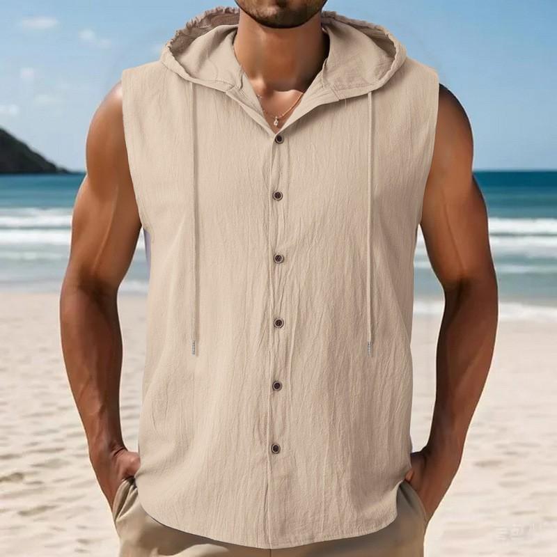 Men Sleeveless Hooded Button Down Linen Blend Shirt