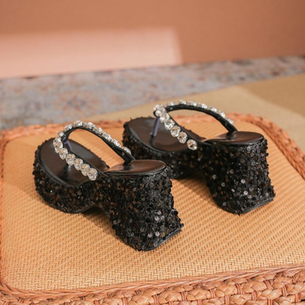 Flip Flops Damen Plateau Keilsandaletten Damen Sommer Draußen Neu Mittelhoch Absatz Strass Pailletten Fischgräten Sandalen