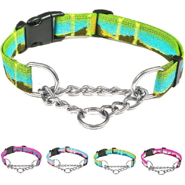 Martingale Dog Collars with Stainless Steel Chain, Reflective No Pull Walking Training Collar with Quick Release Buckle, Adjustable Slip Chain Nylon