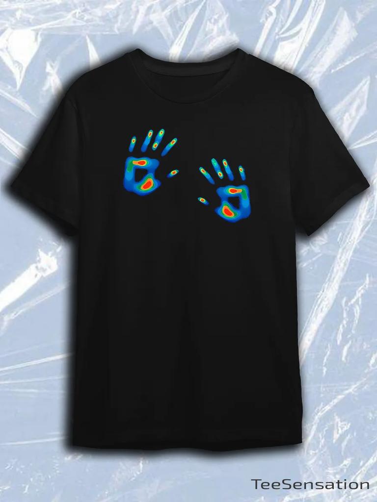 TeeSensation Black Crew Neck Short Sleeve T-Shirt with Blue Thermal Hand Print Graphic