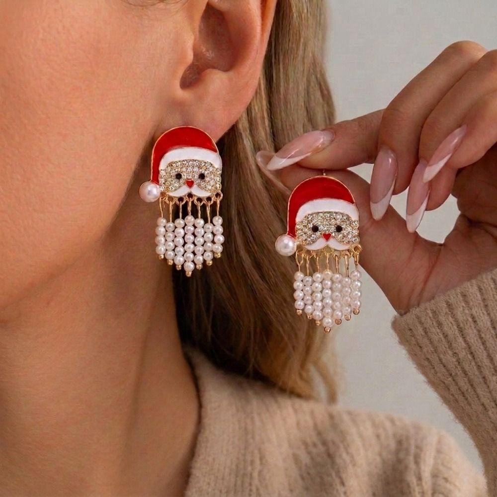 Pearl Adorned Christmas Earrings Rhinestone Decorated Cartoon Dangle Earrings Xmas Gifts