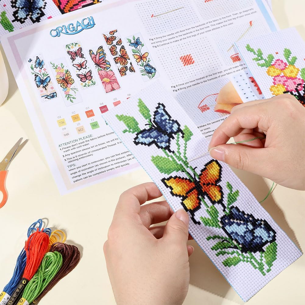 

ORIGACH 6 Pcs Cross Stitch Bookmark Kit for Beginner Adults, Butterflies and Flowers Stamped Embroidery Bookmark Kit with Instruction for Starters цветочный