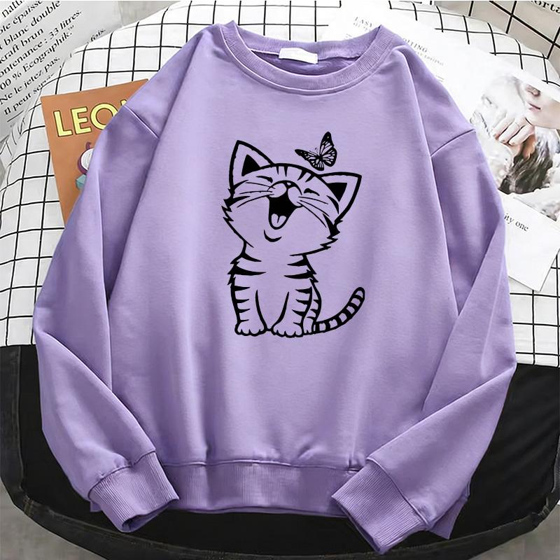 Hanorac Drăguț cu Pisică și Imprimeu cu Fluture Retro Pisică pentru Femei Hanorac Călduros din Fleece Pulover cu Gât Rotund Moale Haine Casual Femeie