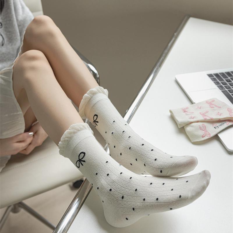 4 Pairs Women Bow Patterned Medium Length Socks Summer Lightweight Sweat Absorbing Breathable Soft Comfortable Casual Socks