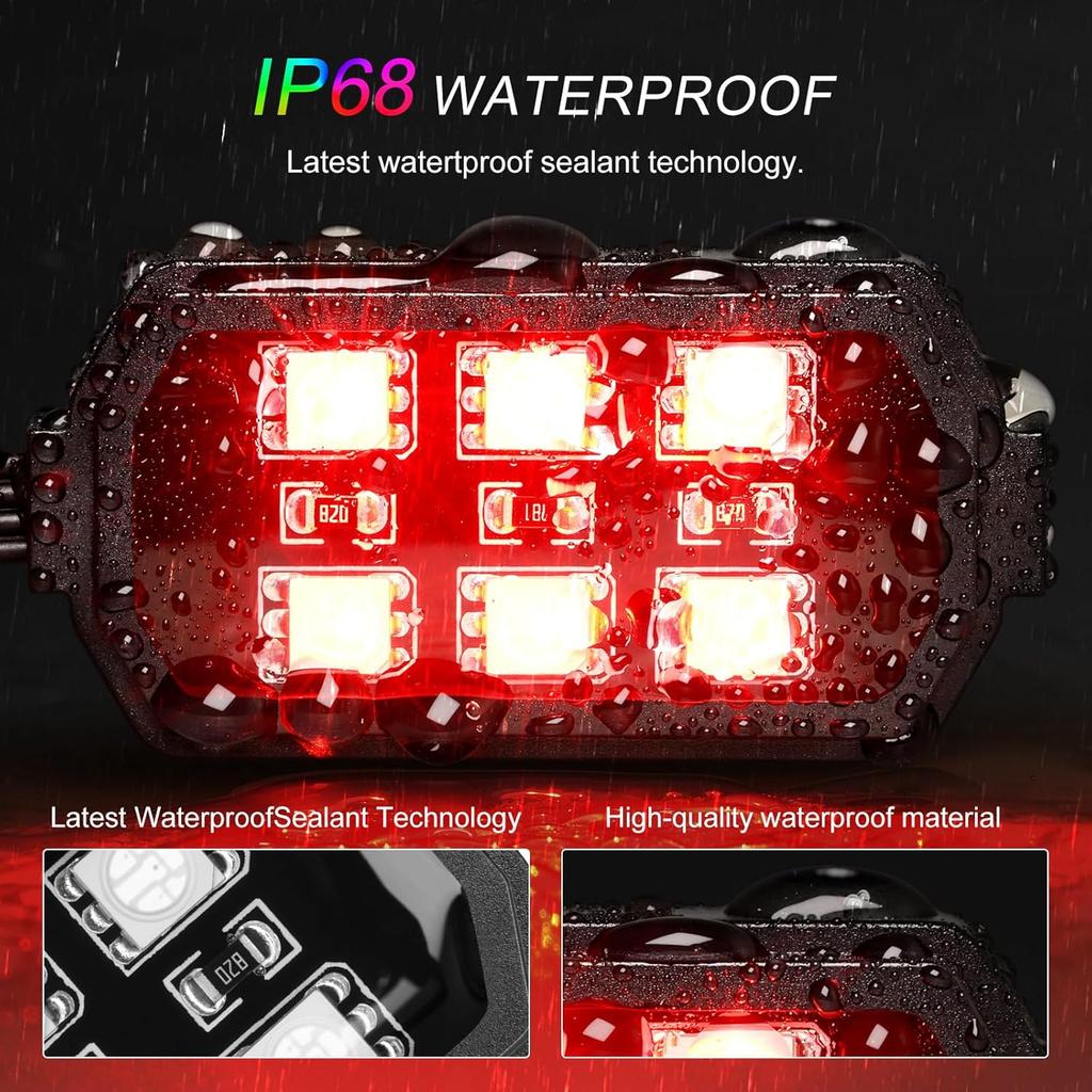Motorcycle LED Underglow Kit, ICICAR 12 Pcs APP Control RGB 16 Million Color Dual Remote Music Mode IP68 Waterproof Led Lights, Motorcycle Lights