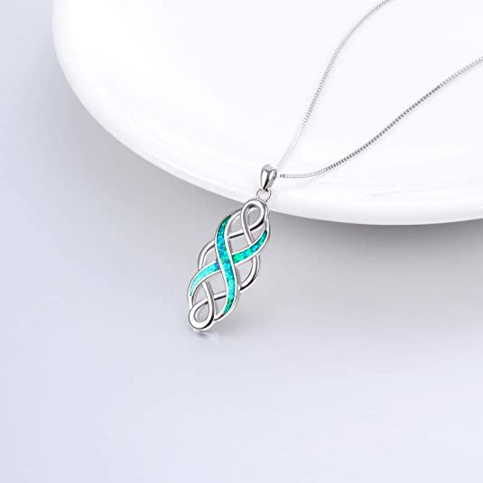 Silver Plated Opal Celtic Knot Pendant Necklace, Infinity Blue Opal Intertwined Box Chain Necklace for Women
