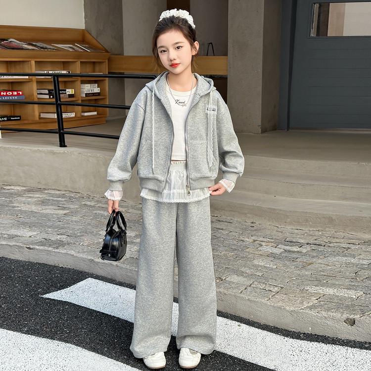 

2025 New Style Girls Hooded Sweatshirt & Wide-Leg Pants Two-Piece Set for Spring and Autumn 120 cm серый