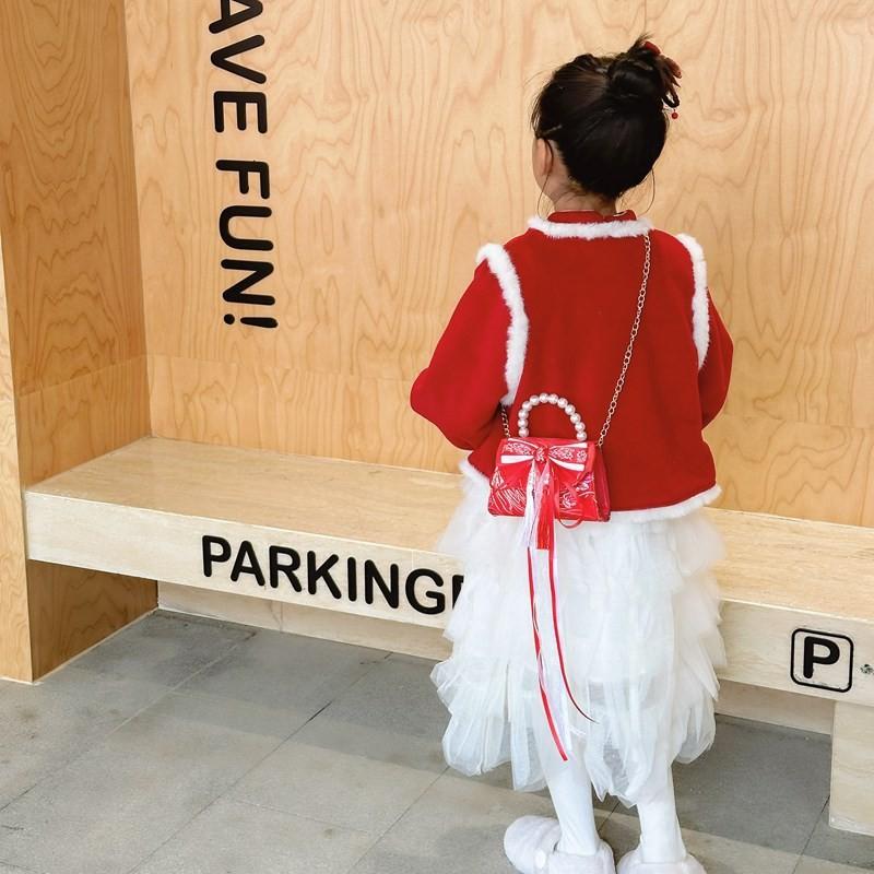 Adorable Red Shimmering Bow Pearl Children's Shoulder Bag For New Year Celebrations