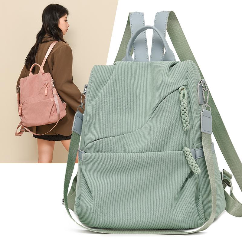 Zaino in Velluto a Coste Monocolore Cartella Scolastica da Studente Zainetto Piccolo da Pendolare da Donna Borsa a Spalla Multifunzionale