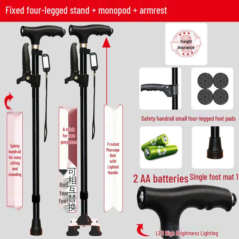 Four-Legged Aluminum Walking Cane with Light, Non-slip, Telescopic, Lightweight, Multi-functional Support for the Elderly
