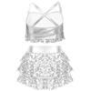 Dziewczęcy kostium do tańca jazzowego, błyszczące cekiny, warstwowe falbany, skrzyżowane plecy, metaliczny crop top, zestaw szortów