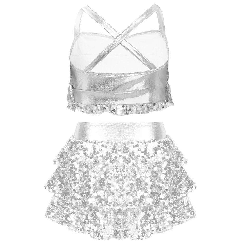 Mädchen Jazz Tanzaufführungskostüm Glitzernde Pailletten Stufenrüschen Überkreuzter Rücken Metallic Crop Top Culottes Set