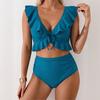 Women Swimsuit Ruffle V Neck with Front Tie and High Waist Cutout Design for Beach or Poolwear
