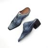 Summer new denim thick heel slippers women's cut pointed head bag head wear high heel sandals