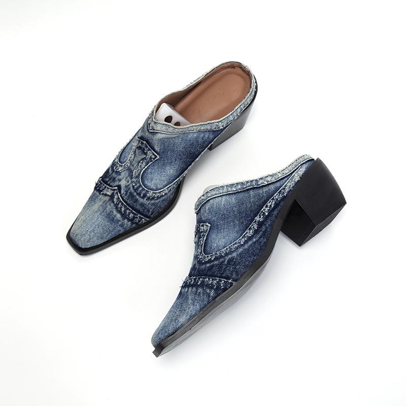 Summer New Denim Thick Heel Slippers Women's Cut Pointed Head Bag Head Wear High Heel Sandals
