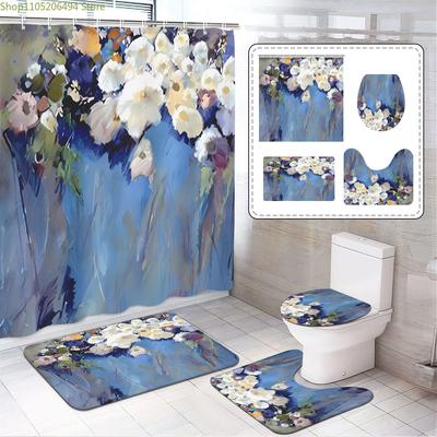 1/3/4pcs Bathroom Set with Blue Base and Vibrant Floral Patterns In White, Yellow, Purple, and More, Includes Shower Curtain,