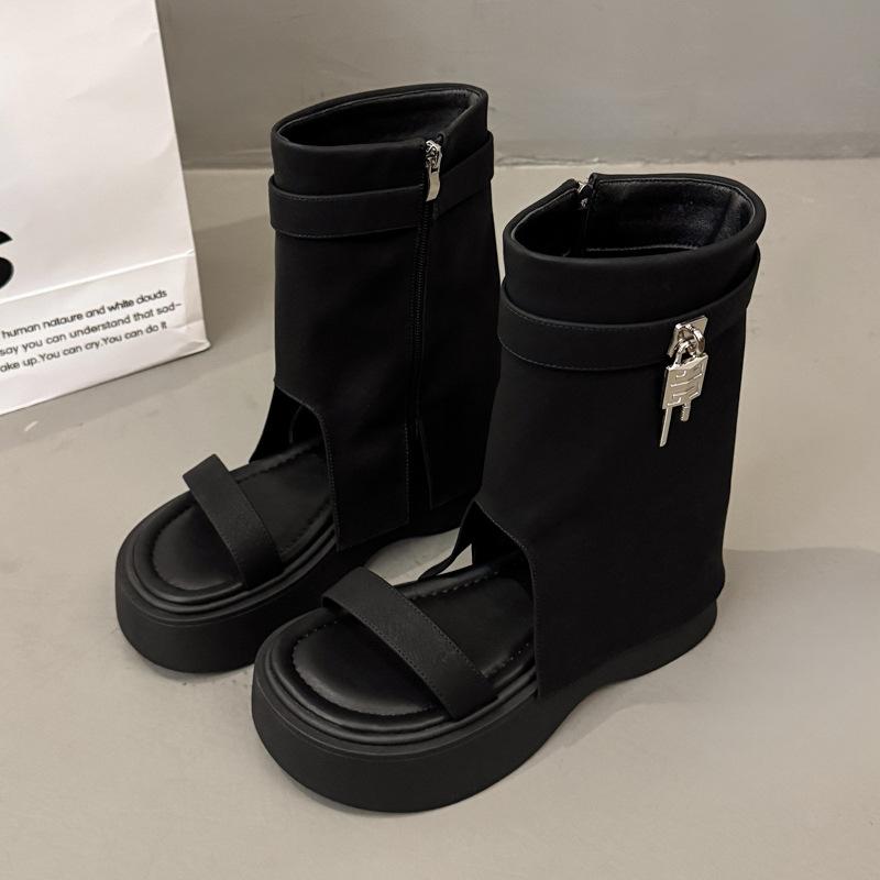 

Премиальные сандалии на танкетке с открытым носком для женщин, новинка лета 2025 года, для ношения с юбкой, повседневные крутые ботильоны 40 чёрный