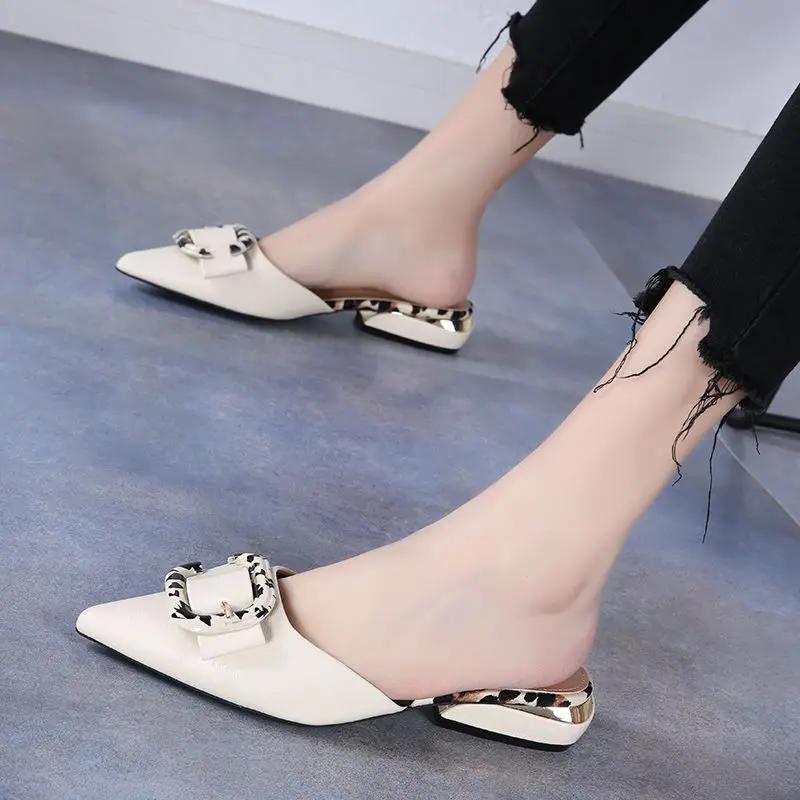 Fashion 2024 Outside Slides Flat Pointed Toe Leather Mules Low Heel Shoes Women's Slippers and Ladies Sandals Blue Chic Elegant I B W G