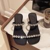 Fine-heeled rhinestone cool slippers for women's summer wear 2025 new square-toed high-heeled non-slip sandals for women