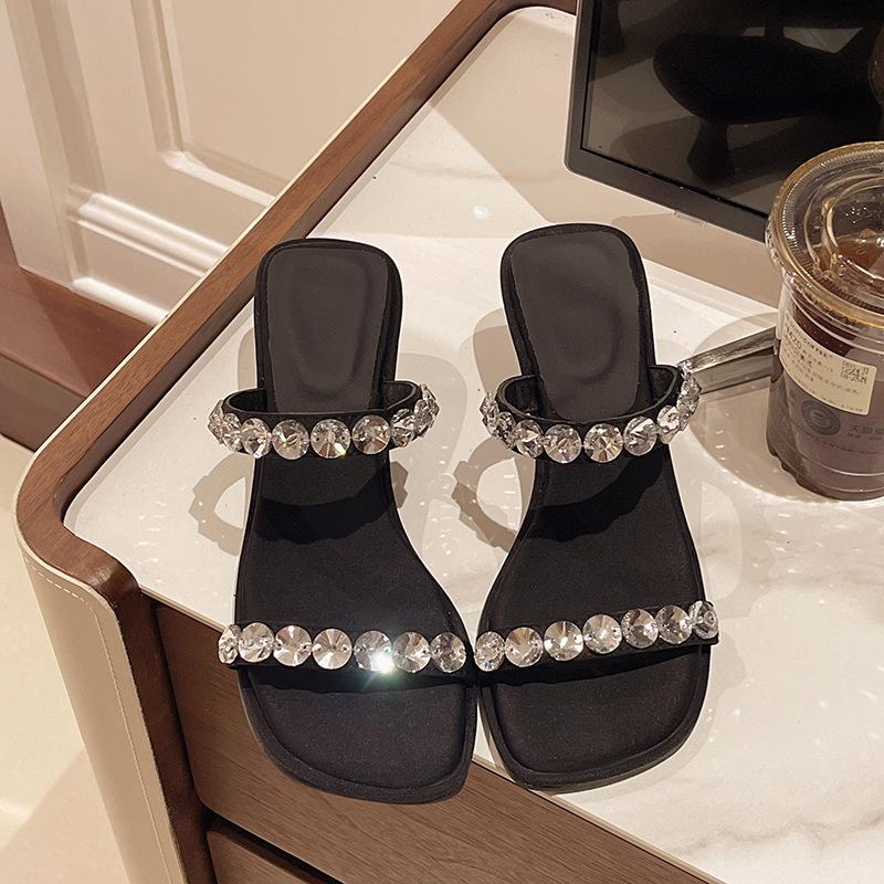 Fine-heeled rhinestone cool slippers for women's summer wear 2025 new square-toed high-heeled non-slip sandals for women
