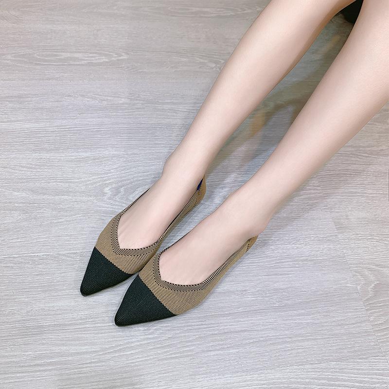 Vevde sko vår og høst fly-vevd lav munn flat bunn myk såle mykt skinn spisse single sko dame