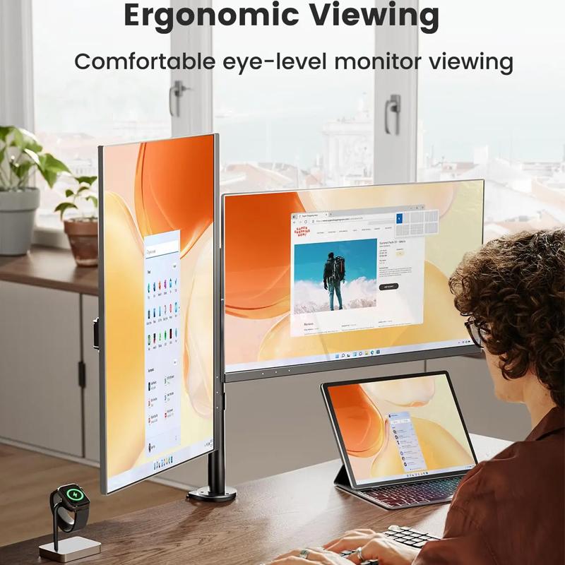 Monitor Tischhalterung, Voll verstellbarer Doppelmonitorarm für 2 Computerbildschirme bis zu 27 Zoll, Klemmsockel Monitorständer für Schreibtisch