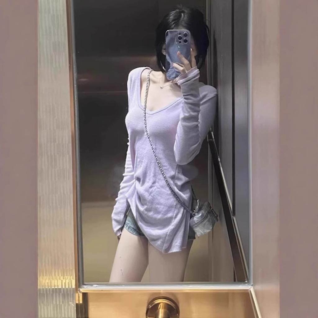 Taro Lavender Chic Top Women's Spring Design Sense Niche Loose Lazy Style Long-sleeved T-shirt U-neck Bottoming Shirt