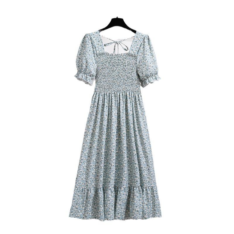 Spring Floral Square Neck Lace Midi Dress with Puff Sleeves