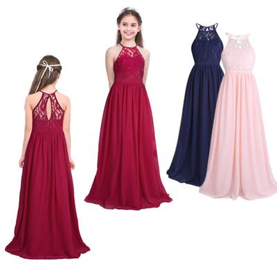 Kids Girls Sleeveless Halter Lace Chiffon Princess Pageant Evening Gown Wedding Bridesmaid Flower Girl Dress