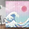 Japanese Asian Art Shower Curtain, Girl Pink Sunset Golden Kanagawa Bath Curtains, Wave Sea Anime Painting Fabric Polyester