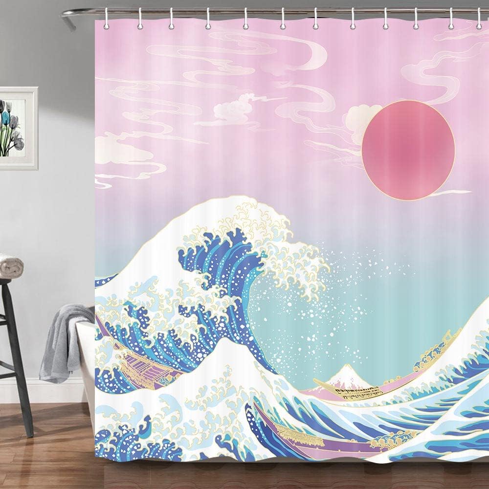Japanese Asian Art Shower Curtain, Girl Pink Sunset Golden Kanagawa Bath Curtains, Wave Sea Anime Painting Fabric Polyester