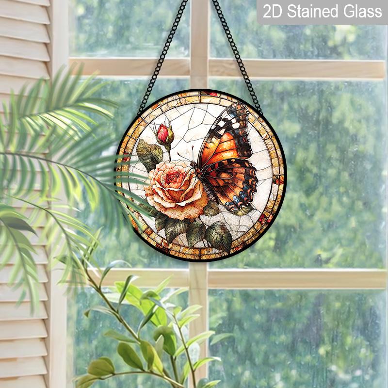 2D Flat, 1pc Butterfly & Rose Round 7.87in Glass Suncatcher, Monarch Butterfly & Rose Print Window Hanging Ornament, Romantic Floral Home Decor