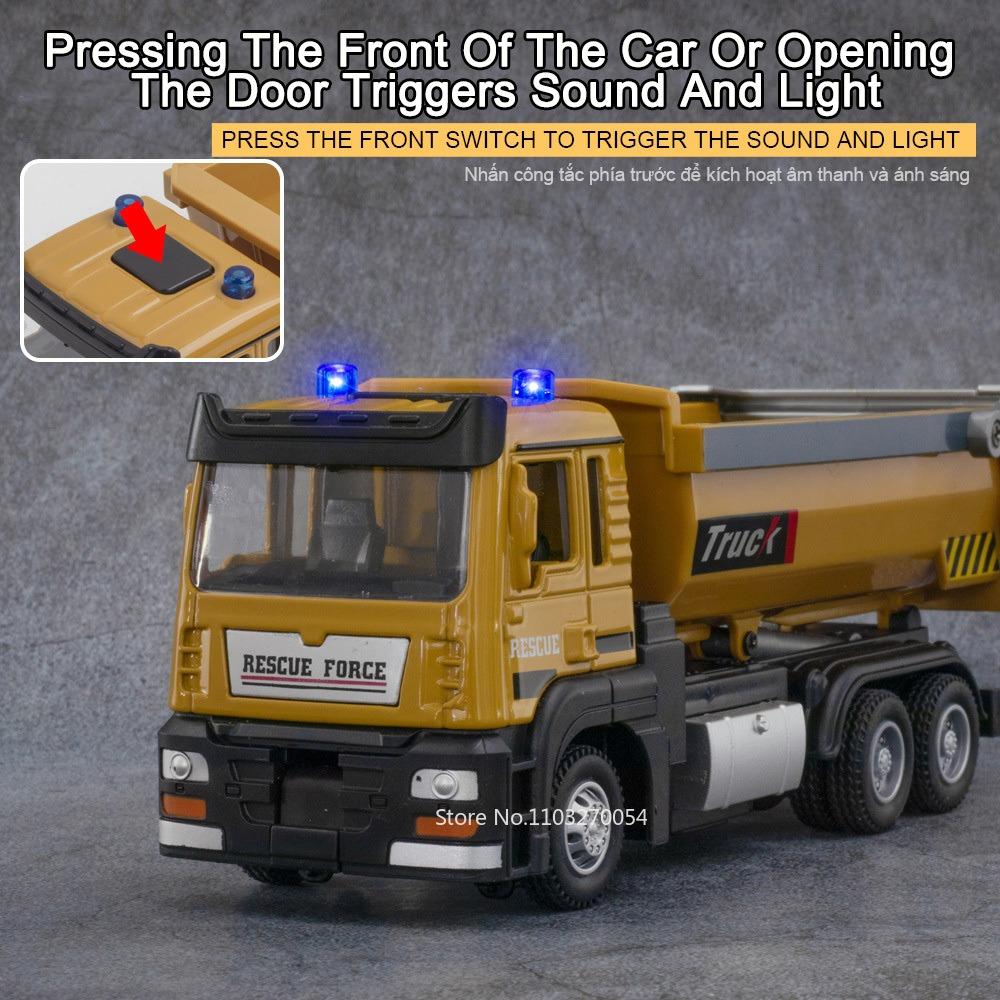 1/32 DUMP TRUCK Model Toys Car Alloy Diecast Engineering Vehicle Metal Body Rubber Tires Sound Light Pull Back Toy Birthday Gift