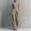 1116 European and American drape cotton and linen shirt solid color fashion temperament sleeveless trousers suit
