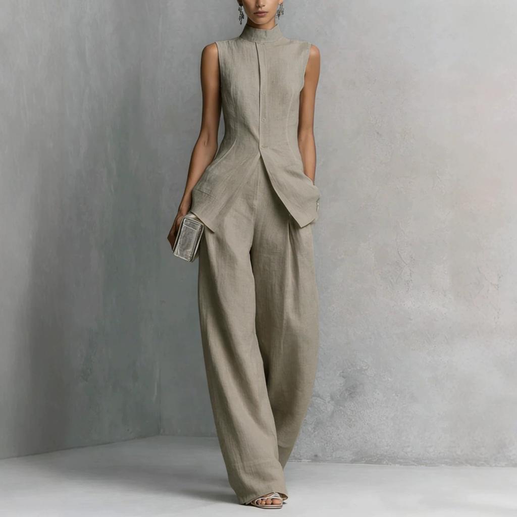1116 European and American drape cotton and linen shirt solid color fashion temperament sleeveless trousers suit