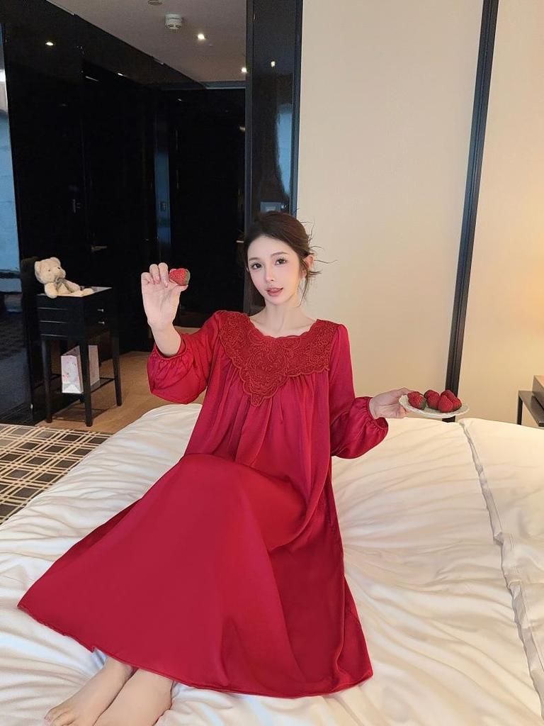 2026 Ice Silk Long Sleeve Nightgown for Women - Plus Size, Sexy French Style