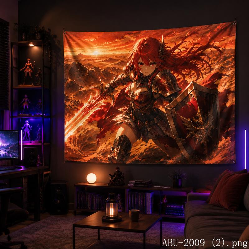 Red Fire Battle Anime Aesthetic Tapestry Cool Fantasy Warrior Cartoon Wall Hanging Teen Dorm Bedroom Otaku Home Wall Decor