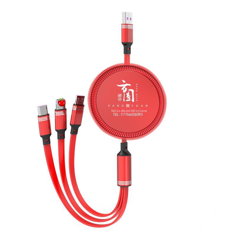 66W Fast-Charging Retractable 3-in-1 Data Cable with Storage & Electroplated Type-C