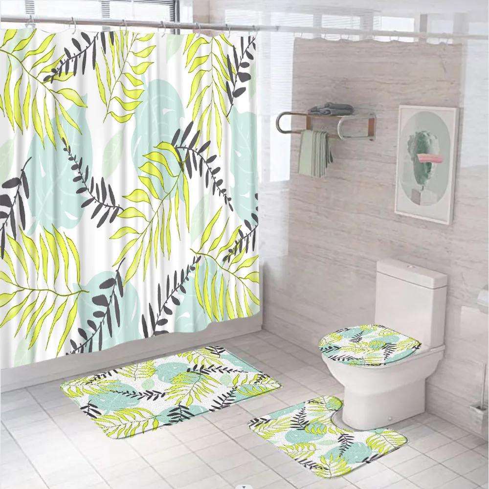 Watercolor Plant Floral Shower Curtain Set Country Wild Flower Leaves Bathroom Decor Screen Non-Slip Bath Mat Toilet Rug Carpet