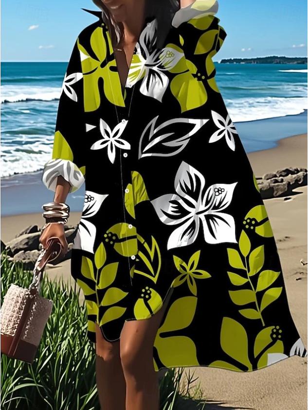 Trendy 3D Floral Print Lapel Long Sleeve Dress