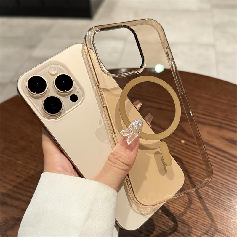 Luxury Gold Magsafe Transparent Case For iPhone 11 12 13 14 15 16 Pro Max Plus Magnetic Wireless Charge Shockproof PC Hard Cover