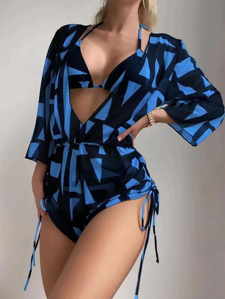 2023 Women's Sexy Three-Piece Swimwear Set with Elegant Neckline, Printed Belted High-Waisted Skirt