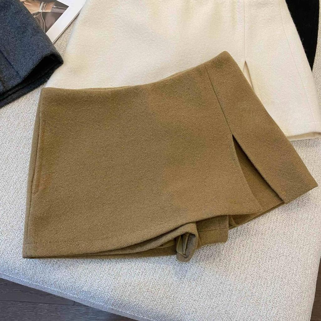 Stilvoller zweilagiger Wollrock in A-Linie mit Schlitz - Damen Herbst/Winter, Hoher Bund, Hüftbetonendes Design, Anti-Exposure-Funktion